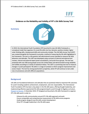 Evidence on the Reliability and Validity of IYF’s Life Skills Survey Tool (LiSST) cover
