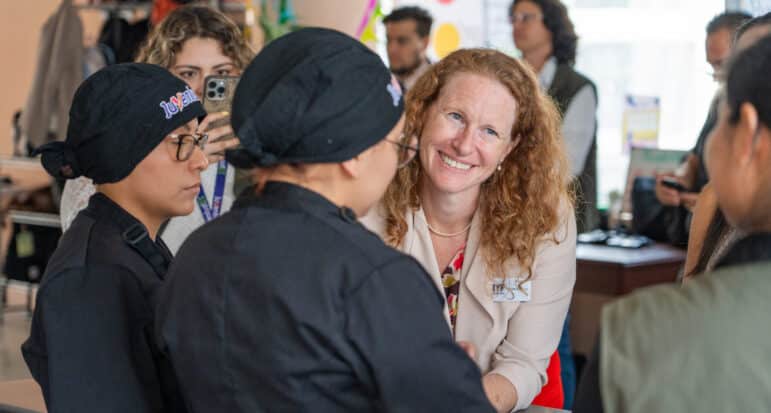 International Youth Foundation donor speaks with JuventudES participants, a youth workforce development program in Mexico City.